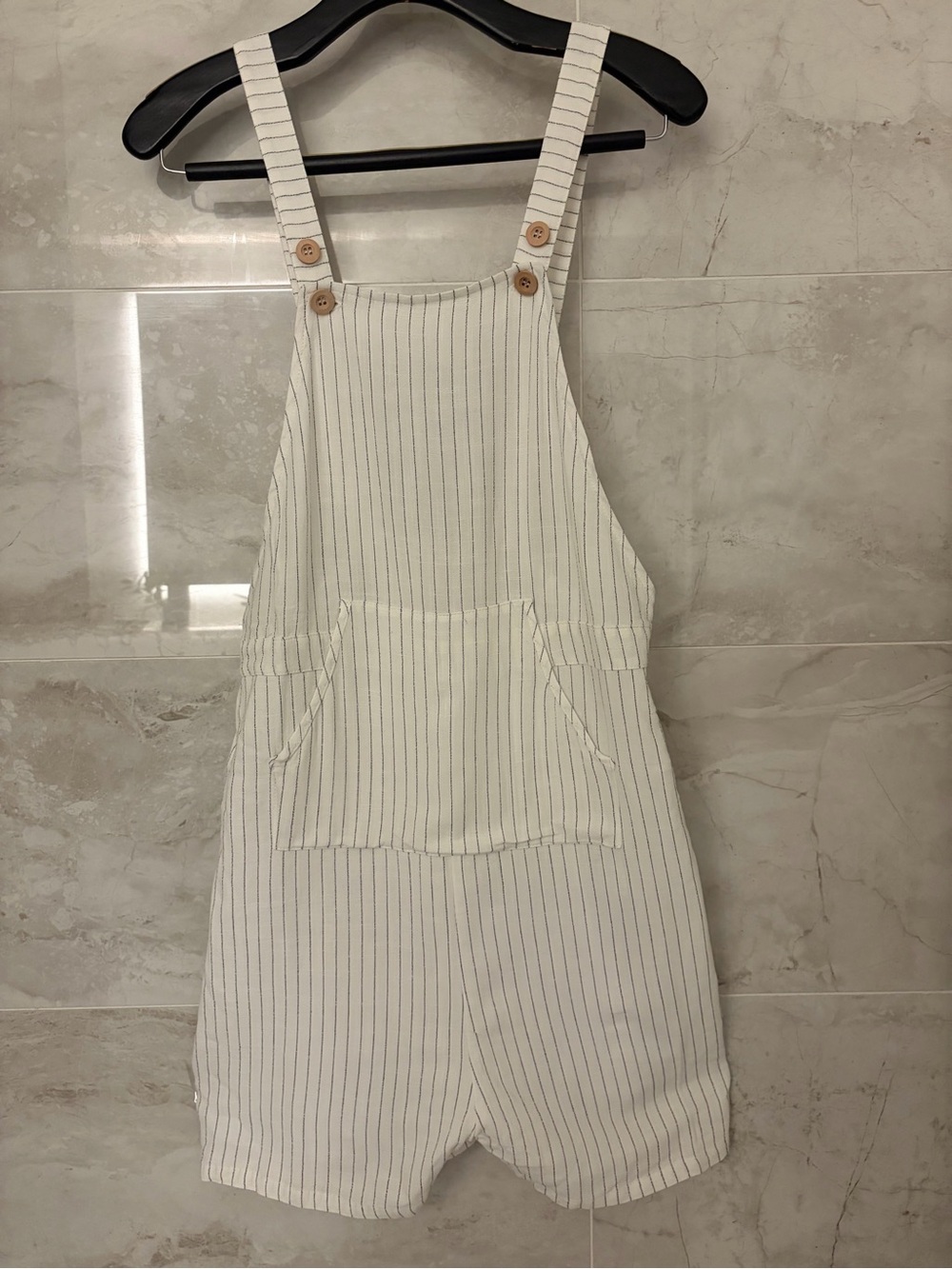 Fantastic Fawn Cream Pinstripe Overalls Romper